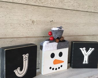Joy and Snowman Wood block Set/Joy Wood Block Set/Farmhouse Christmas Joy Wood block set/Joy Decor/Holiday Decor /Wood Joy Blocks