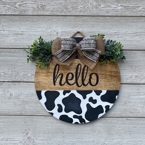 Hello Cow Print Wood Round Door Hanging Sign/hello Sign/cow Decor Sign ...