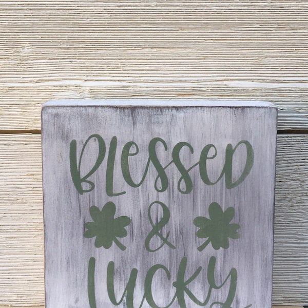 Tier Tray Decor For St. Patties Day/St. Patrick Blessed and Lucky Distressed Wood Block Sign/Saint Patrick Day Decor