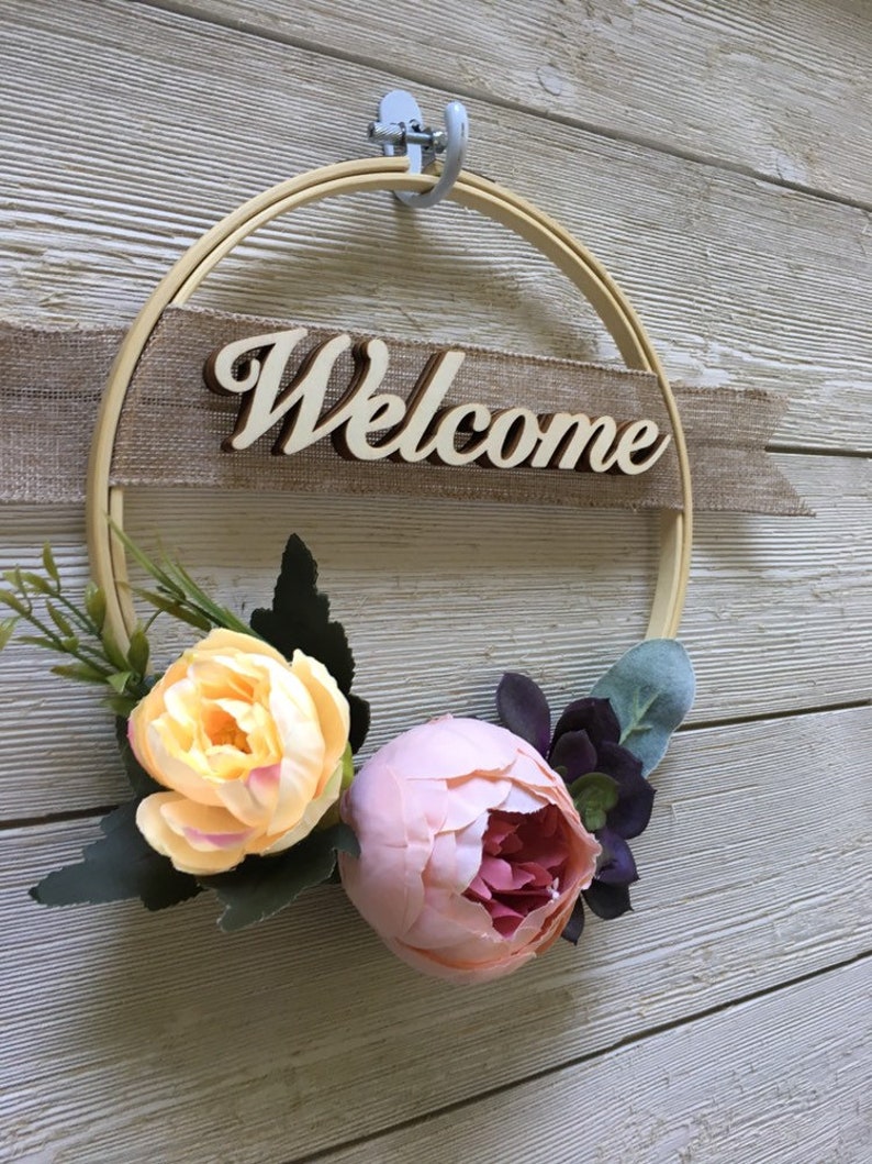 Welcome modern hoop wreathembroidery hoop wreath Mother/'s Day Wreath spring wreath summer wreath home decorfarmhouse decorfront door