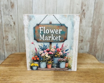Flower Market Wood Sign, Spring Farmhouse Decor (5.5x5 in.)