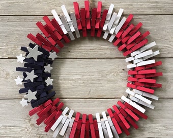 Patriotic Clothespin Wreath, Red White Blue, Memorial Day Decor