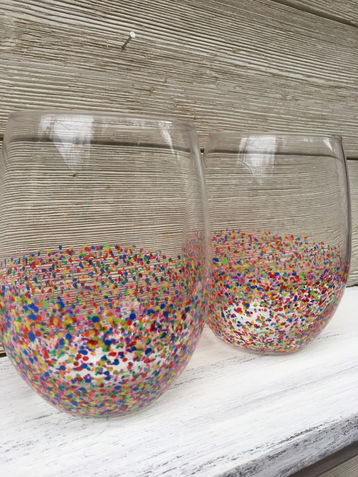 Hand Painted Confetti Stemless Wine Glass Set/wine Glass Etsy