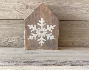 Christmas Snowflake Wood House Block/Rustic Christmas Wood House/Christmas Decor