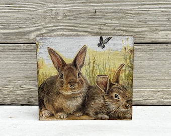 Rustic Bunny Wood Sign, Spring Easter Decor (6x5.5 inches)