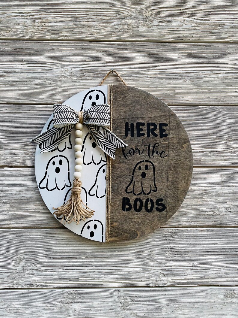 Ici pour le cintre de porte rond en bois de Boo / cintre de porte dHalloween / enseigne de décor dHalloween image 4