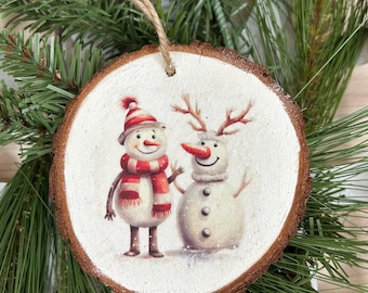 Snowman & Reindeer Wood Slice Christmas Ornament