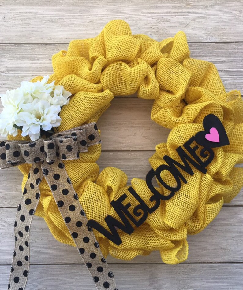 front door wreath,summer wreath,spring wreath Yellow burlap wreath welcome wreath