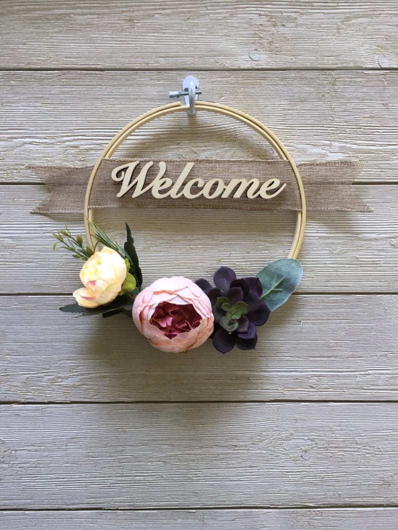 Welcome modern hoop wreathembroidery hoop wreath Mother/'s Day Wreath spring wreath summer wreath home decorfarmhouse decorfront door
