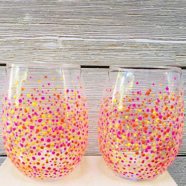 Confetti Stemless Wine Glass sets /Hand-painted Wine glasses/ Confetti Wine Glasses