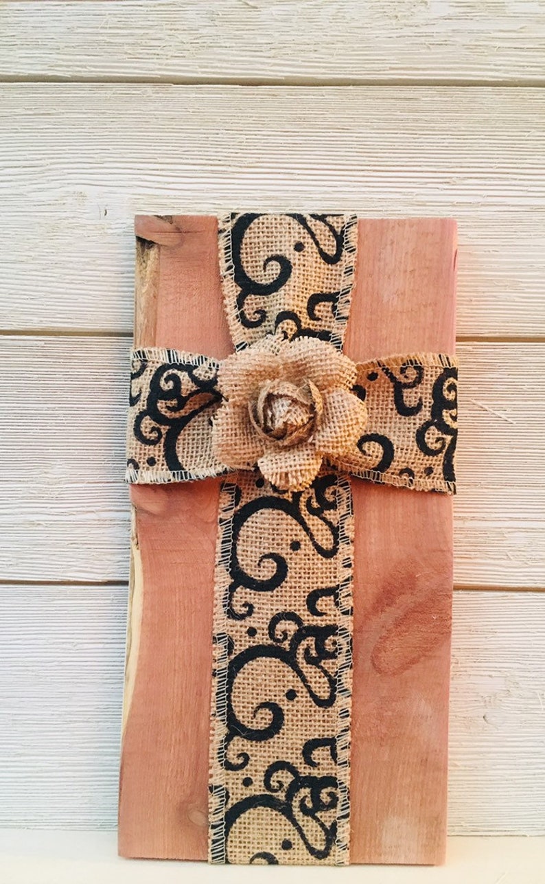 CrossCross on wood wood sign burlap ribbon cross burlap flower decorhome decor