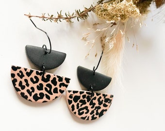 Stylish leopard print hook dangles in pale neutral tones, painted earrings, unique gift for girlfriends birthday, gift for animal lover,