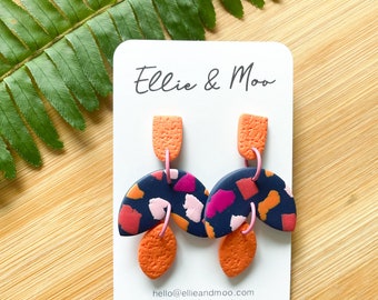 Large colourful textured terrazzo dangle earrings, navy and tangerine jewellery, autumn accessories, gift for mum, best friend gift