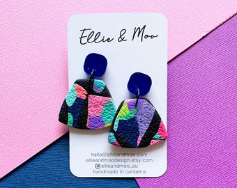 Colourful patterned dangle earrings, statement earrings,  rainbow colours, gift for friend, teacher gift, casual fun gift