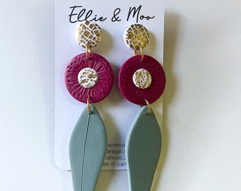 Large statement gum blossom dangle earrings, burgundy and gold , boho floral earrings, artisan gift for girlfriend, unique gift for mum