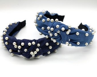 Pearl Embellished Denim Knotted Headband – Classic & Chic - Etsy display picture 3
