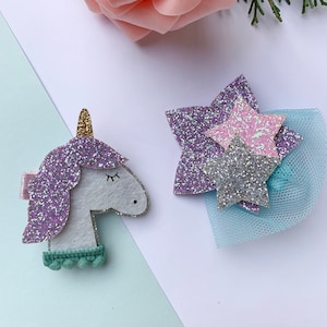 Unicorn hair Clips, Glitter Unicorn hair clips , Stars hair Clips,  Glitter stars Hair Clips  , hair Clips toddlers , hair clips girl
