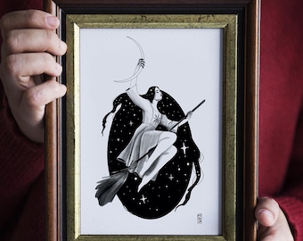 Ilustração de Bruxa da Lua – Impressão de Arte Mística – Decoração Esotérica A4 / A5