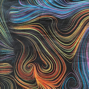 May include: Abstract pattern with swirling lines in shades of blue, orange, yellow, and purple on a black background.