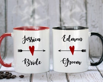 Set Of Two Bride and Groom Coffee Tea Mug, Personalized Wedding Coffee Mug, Custom Wedding Gifts Engagement Couple Gift Set Love Coffee Mug