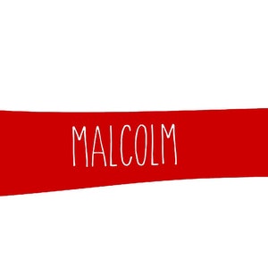 May include: A red silhouette of a dachshund dog with the name "MALCOLM" in white, centered on its body. The dog is depicted in a side profile, with its long body and short legs clearly visible against a white background. The overall design is simple and graphic.