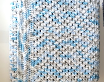 Crochet Blue Grey White Baby Blanket, Baby Afghan, Handmade Baby Gift, Crochet Layette, Neutral Baby Throw, Made in Canada, Ready to Ship