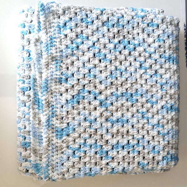Crochet Blue Grey White Baby Blanket, Baby Afghan, Handmade Baby Gift, Crochet Layette, Neutral Baby Throw, Made in Canada, Ready to Ship