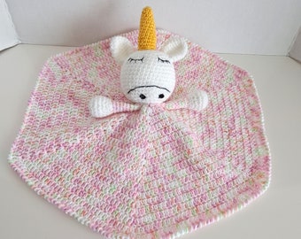 Hand Knit Stuffed Unicorn, Security Blanket, Baby Snuggle Toy, Crochet Plush Toy, Spring Toddler Gift