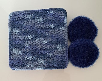 Set of 6 Crochet Cotton Dishcloths, Blues, Baby Washcloths, Eco Friendly, Handmade in Canada