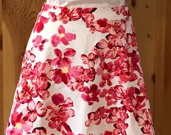 A-Line Fit and Flare Short Mini Skirt in Pink Floral Print Stretch Cotton Perfect for Spring and Summer Day or Evening - Amalie