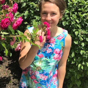 Cotton Shift Dress in Lively Pink and Blue Tones Classic Summer Style Tropical Flamingo Hibiscus Floral Hawaiian Print Sleeveless  - Leilani