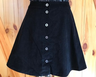 Mini Skirt in Featherweight Corduroy Cotton Button Down Front Fit and Flare A-Line Skater Style Fall Classic Iconic Style Black - Deena