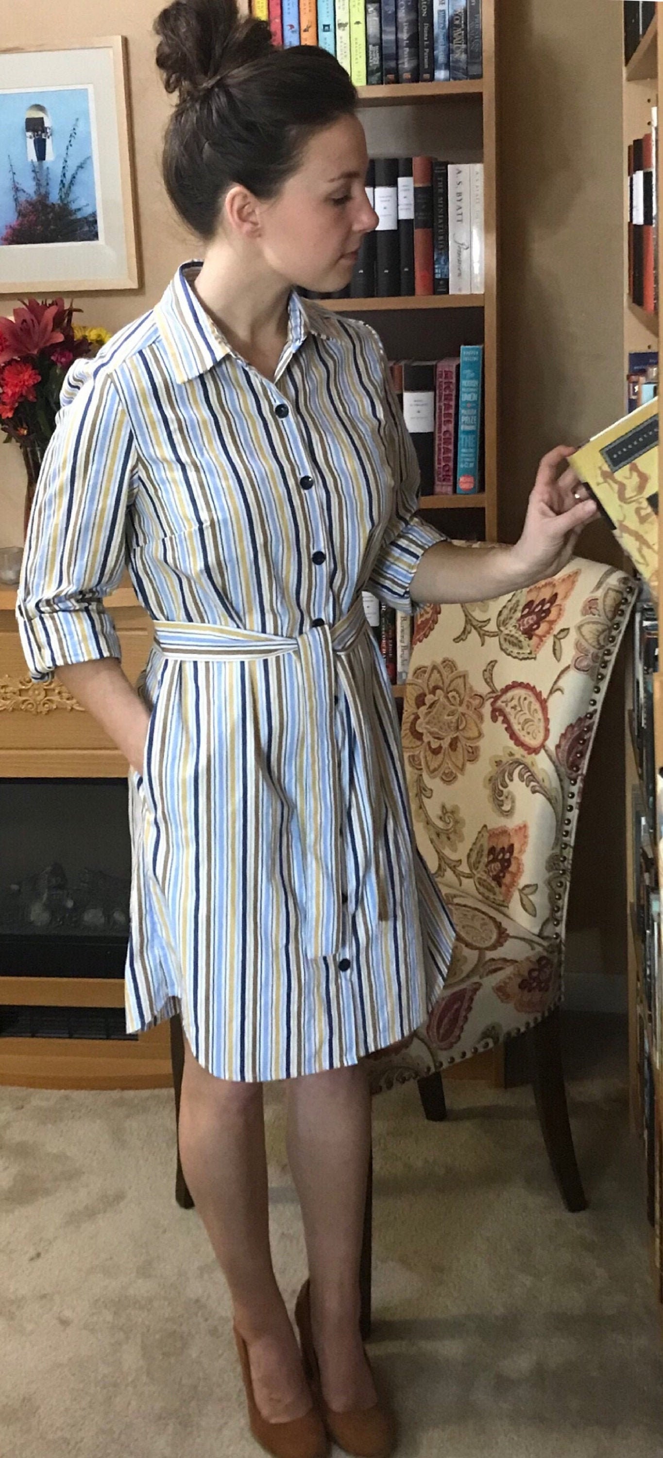 Womens Belted Shirtdress Barcode Stripe Cotton Iconic Classic Preppy Style Shirt Dress Tab Sleeve On-Trend Daywear Navy Tan - Morgan