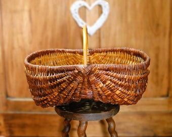 Rustic French wicker basket Harvest garden Handmade Buttock basket, Farmhouse country decor, Linen storage