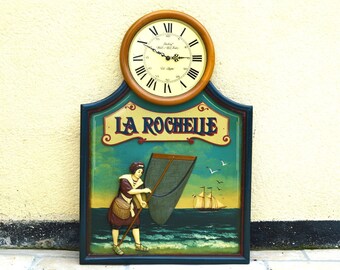 Grande enseigne vintage française en bois avec horloge, décoration murale