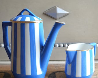 Sarreguemines French Coffee Pot & Creamer: Art Deco Fox Trott, Blue Stripes