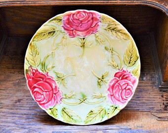 Barbotine 19th century plate Onnaing French majolica rose plate, Vintage shelf styling, Pink roses