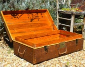 Vintage French trunk, Wood bamboo rattan, 1960s,Side table, Storage case, Home decor