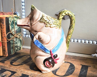 Majolica pig pitcher ORCHIES Antique French barbotine wine jug, Pig with blue sash