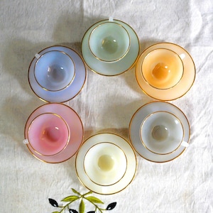 Arcopal Harlequin Coffee Set: French Pastel Opalescent Glass, 1960s Vintage