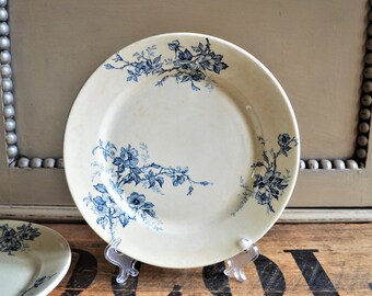 Assiette en pierre de fer française CLAIREFONTAINE Eglantines, Art nouveau, roses bleues, table de ferme