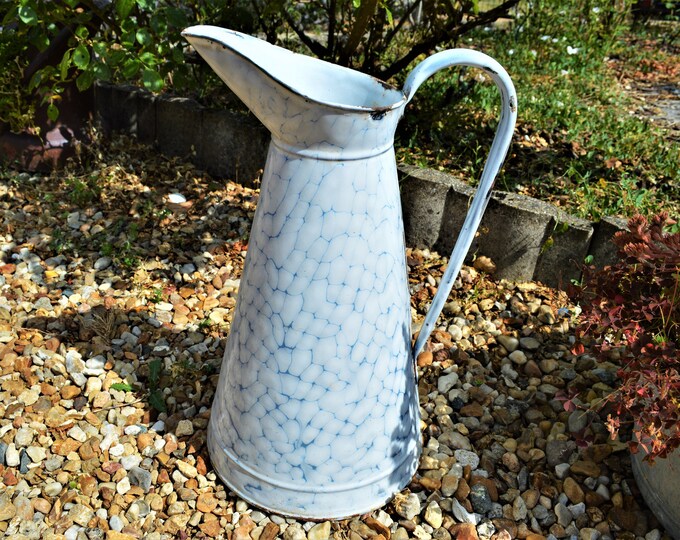 Large French Enamel Pitcher Chicken Wire Design Watertight French