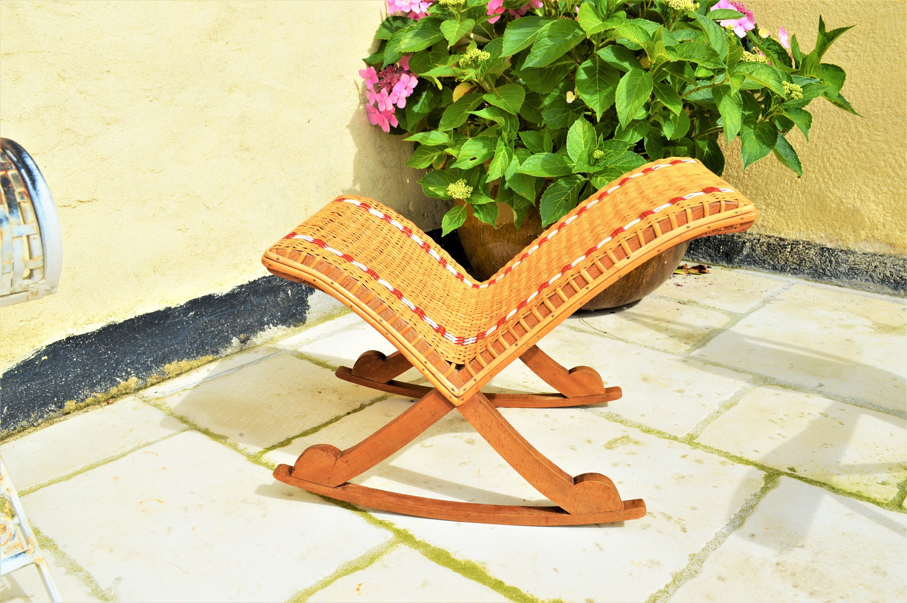 Français Tabouret de Pied, Repose-Jambes à Bascule en Bois et Rotin, Soutient Les Jambes Pieds, Pati