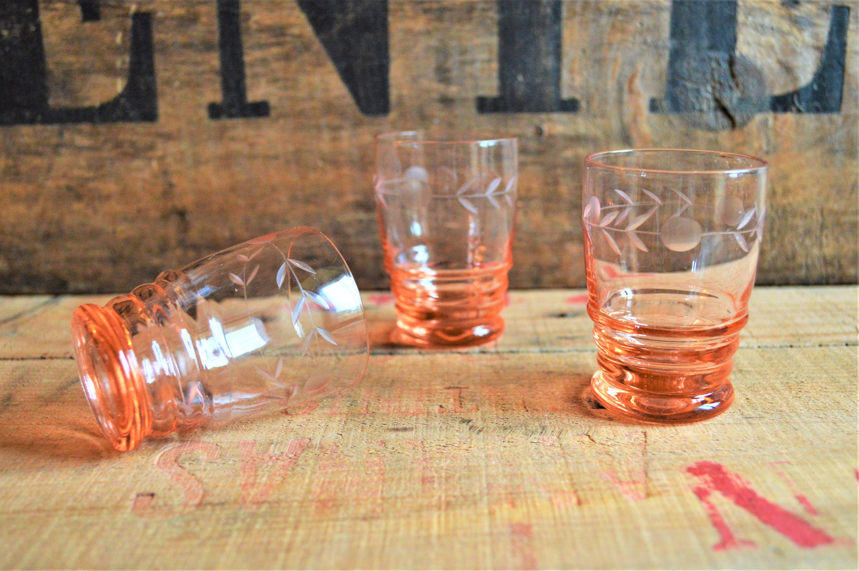 French Pink Shot Glasses x 3 Etched glass Liqueur glasses Etsy