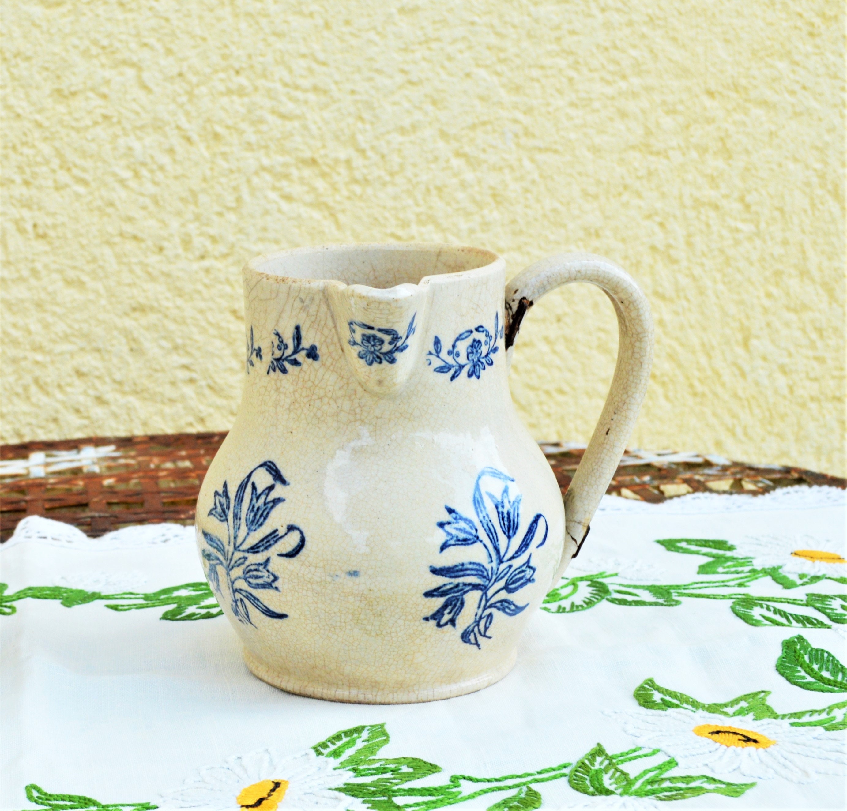 Pichet Français Saint-Uze, Bec Latéral, Pichet Bleu Cobalt & Blanc Français, Saint-Uze Bleus, Grès C