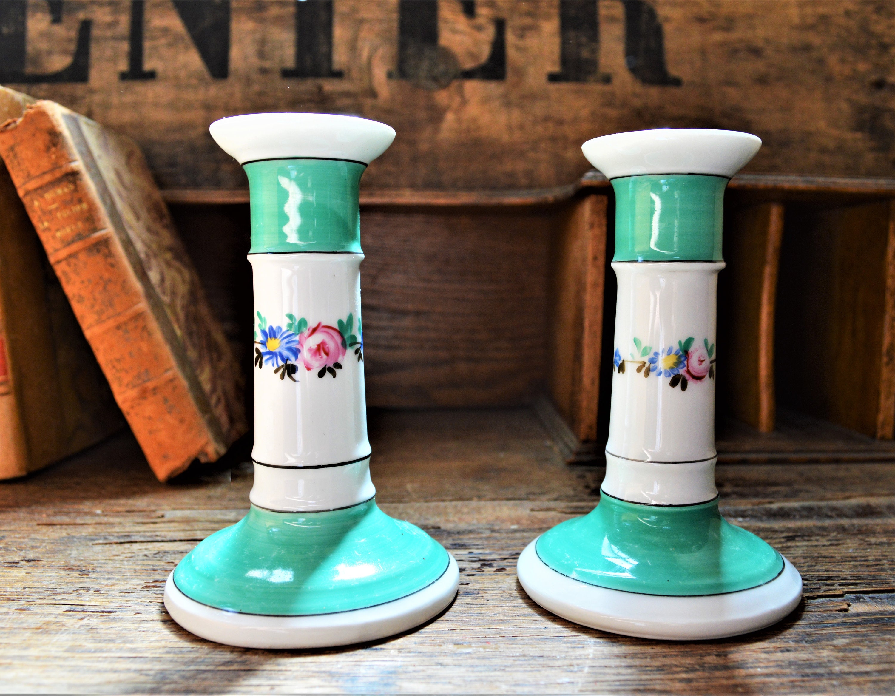 French Ceramic Candle Holders Floral decor Green & white Etsy