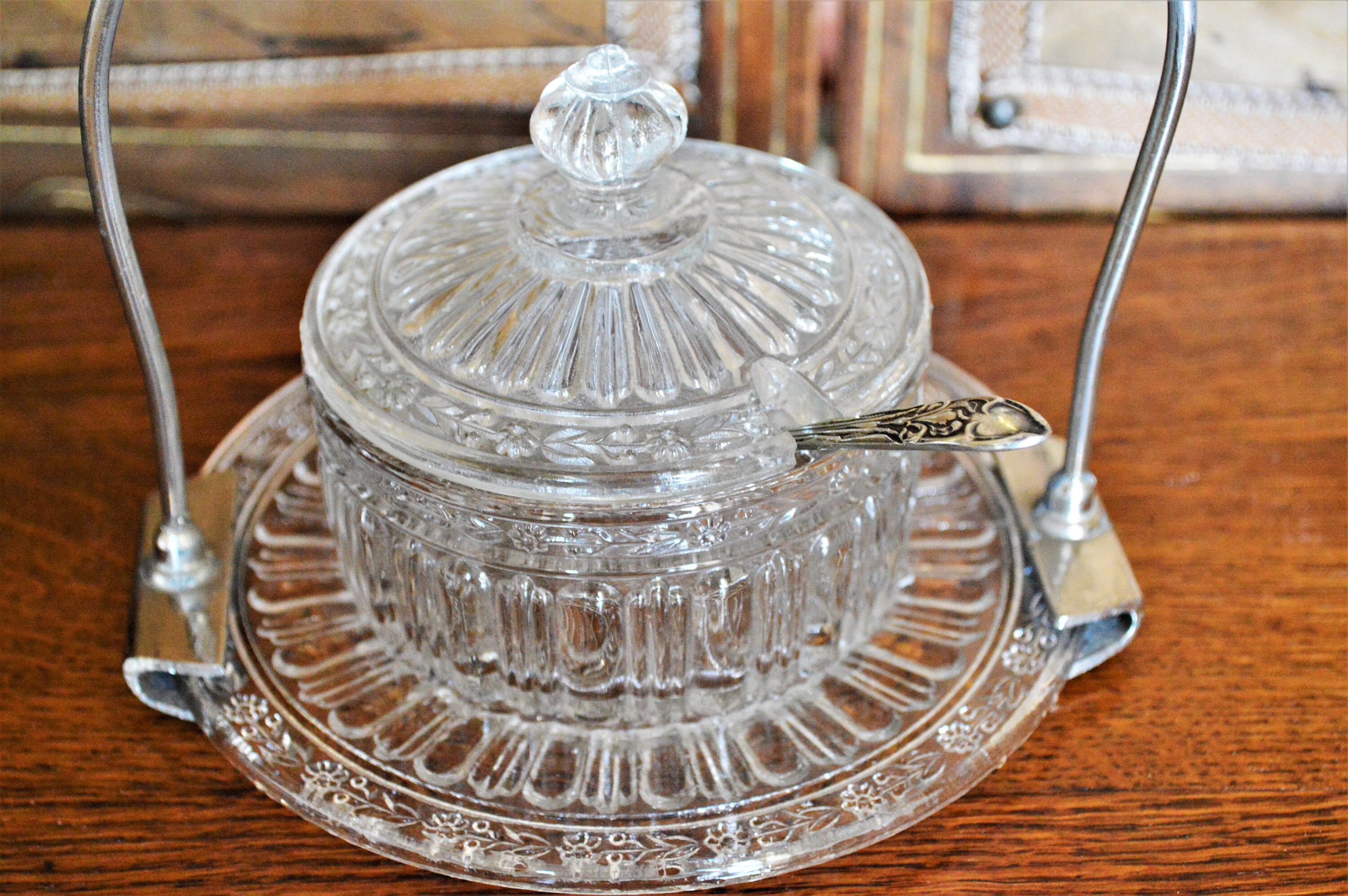 Français Plat de Service en Verre avec Cuillère Argent, Décoration Marguerite, Confiture, Sucrier, B