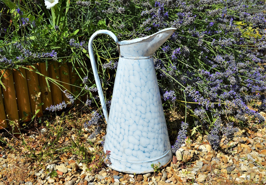 Large French Enamel Pitcher, Chicken Wire Design, French Enamel Jug