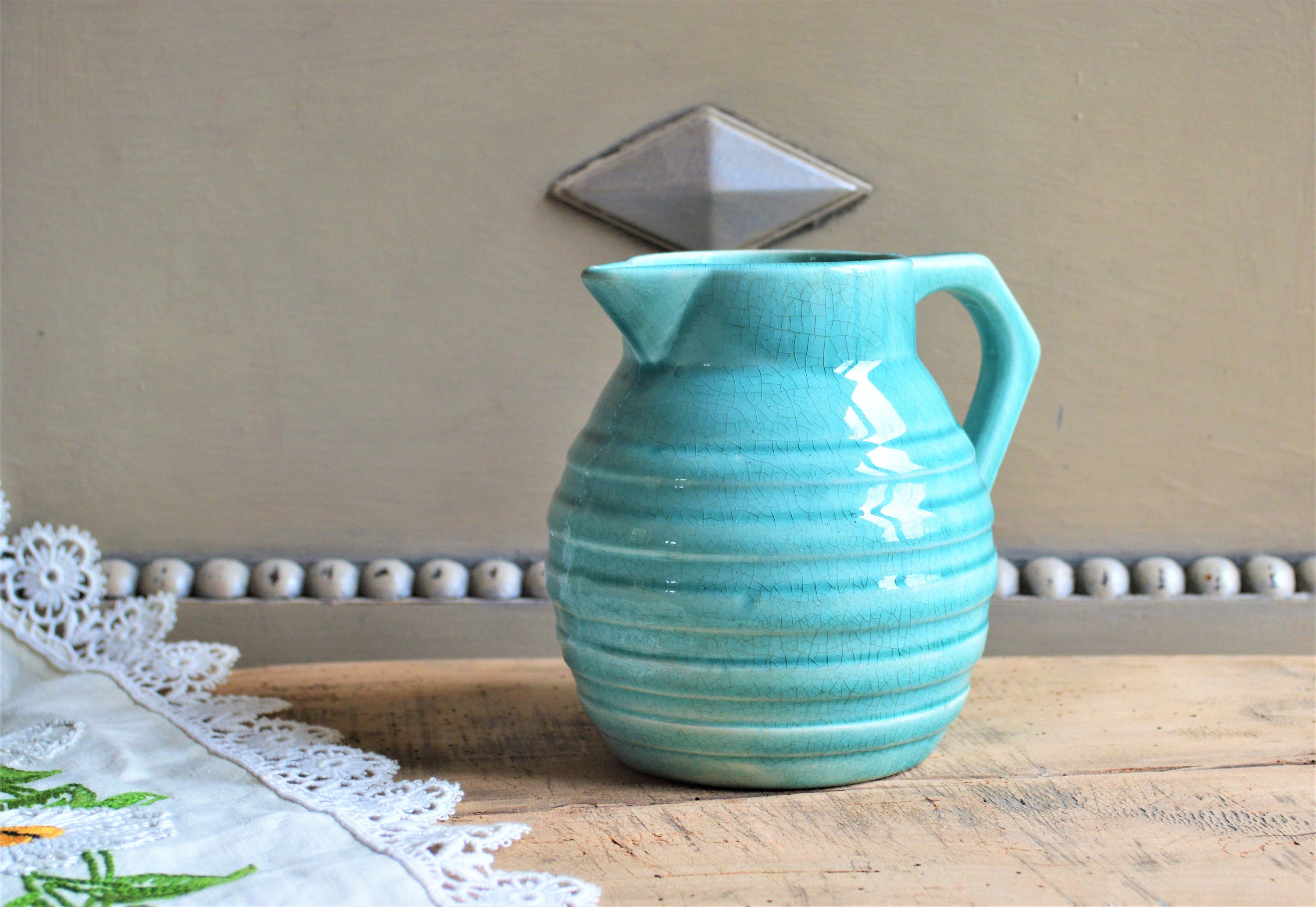 Français Pichet en Majolique, Orchies, Eau de Nil Nervurée Design, Pichet à Lait Barbotine, Cuisine