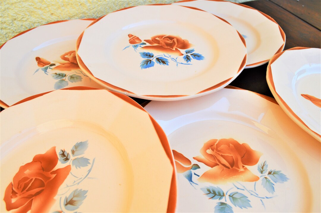 Set of 6 French Dinner Plate Digoin Red Rose Stencilware, Art Deco